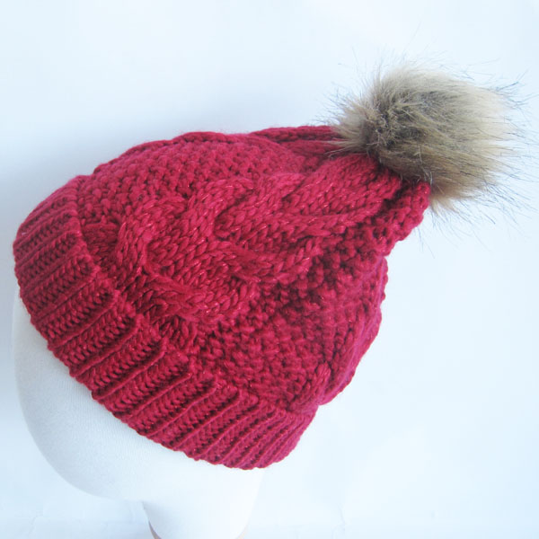 chunky acrylic hat with fake fur pompom