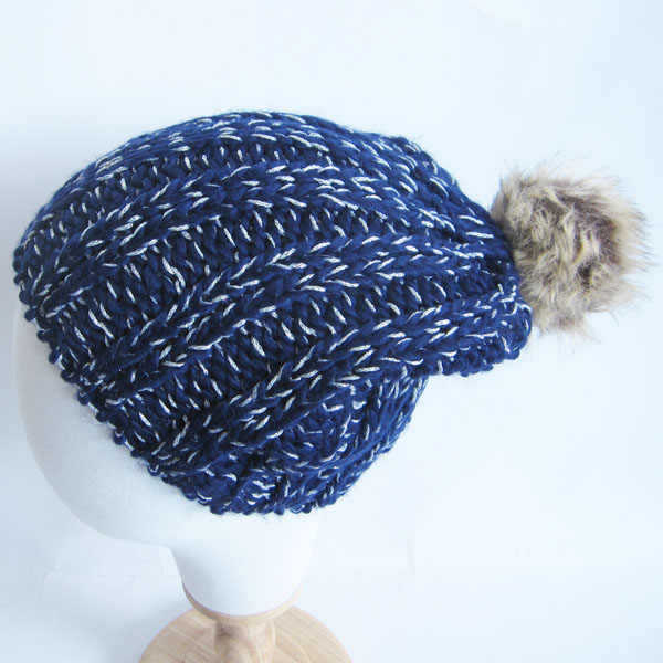 chunky acrylic  hat with fake fur pompom