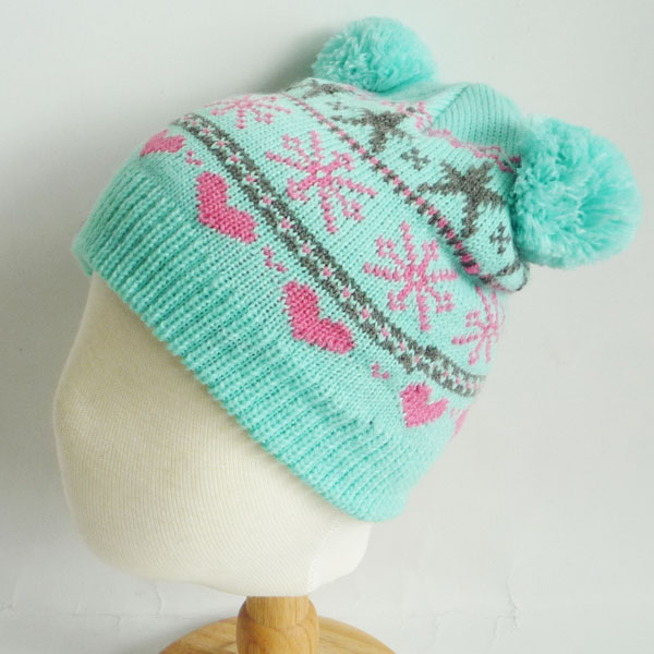 jacquard hat with two pompom