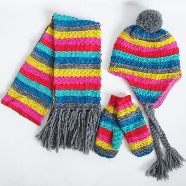 stripe scarf,trapper and mitten set